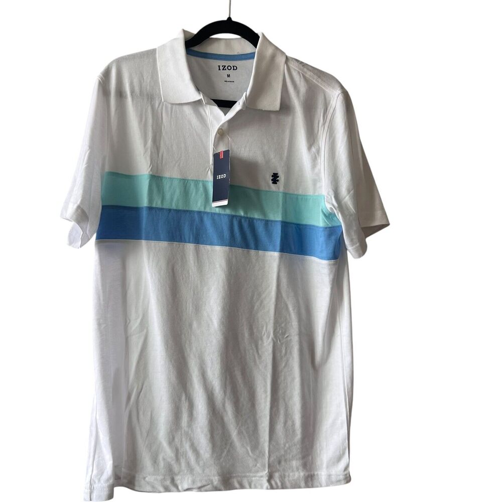 IZOD Men's Polo‎ Shirt Size Medium Performance Stretch Blue Striped Colorblock
